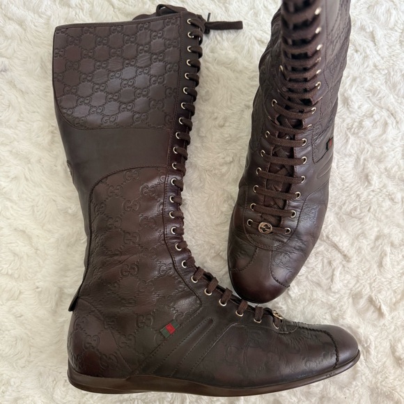 Gucci Leather Guccissima Knee High Boots Logo Lace Up - Picture 1 of 16